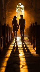 Silhouetted couple holding hands and walking through a sunlit church aisle
