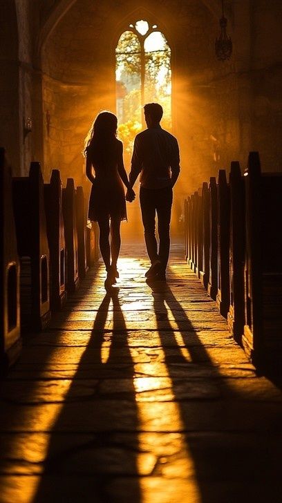 Silhouetted couple holding hands and walking through a sunlit church aisle