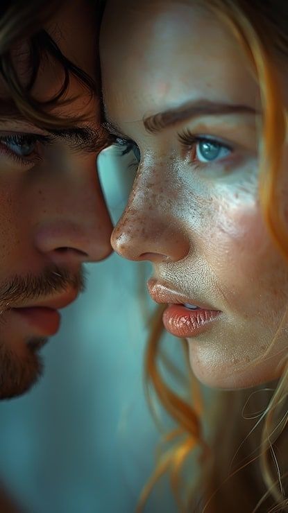 Close-up of a man and woman sharing an intense, silent gaze