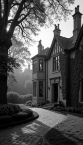 Foggy Gothic-style manor house beside a winding garden path