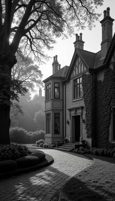 Foggy Gothic-style manor house beside a winding garden path