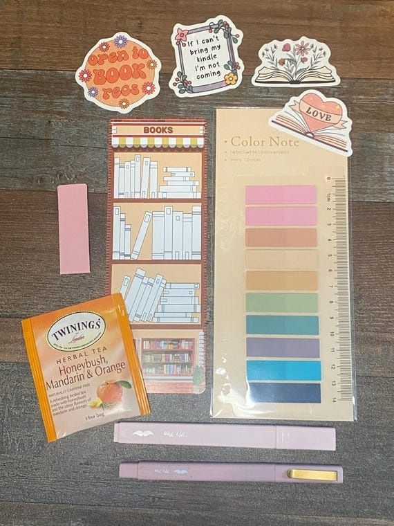 Bookish stationery, stickers, color tabs, tea, and annotation tools