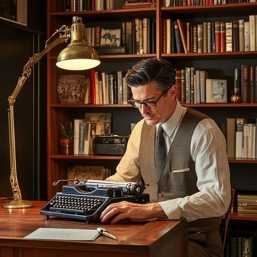 Writer typing at a vintage desk surrounded by bookshelves